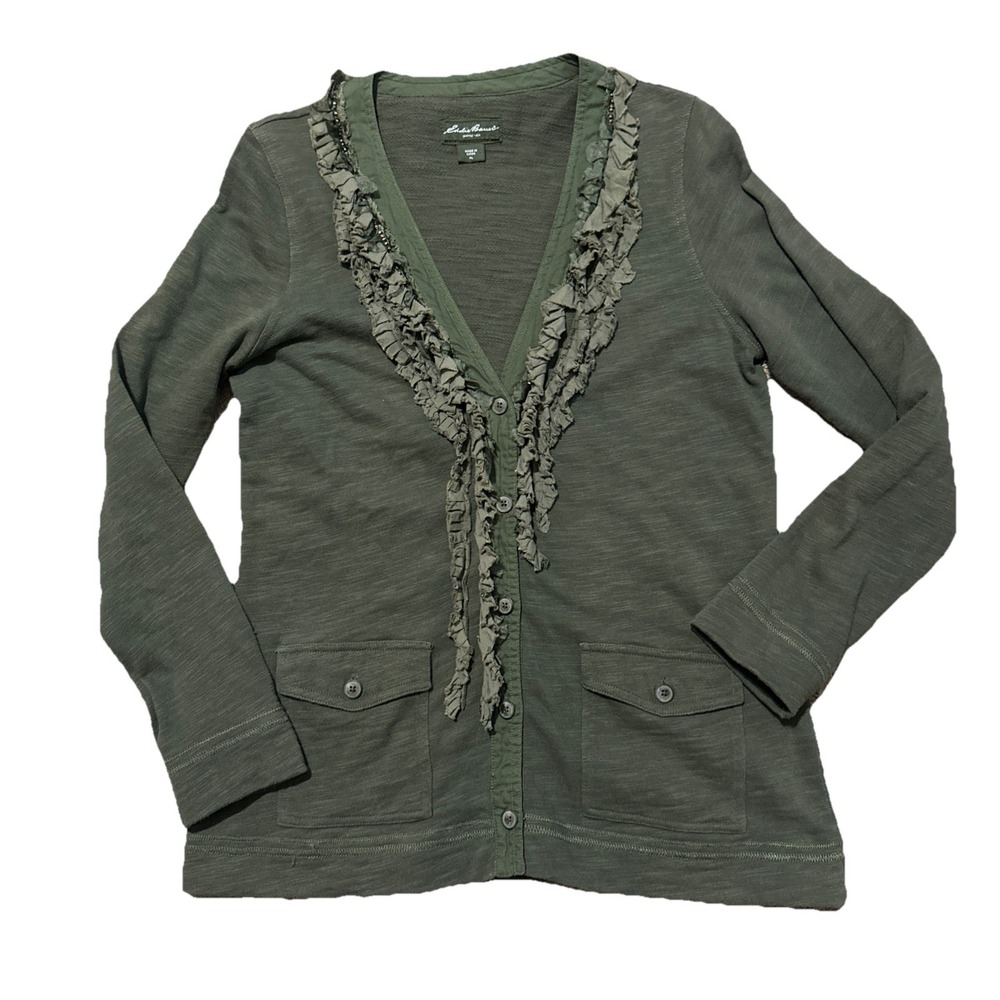 Eddie Bauer 100% Cotton Green Terry Cloth Ruffled V-Neck Sweatshirt Cardi Size L